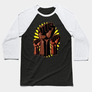 Black Power Raised Fists Symbols Slogan on Abstract yellow sun Baseball T-Shirt